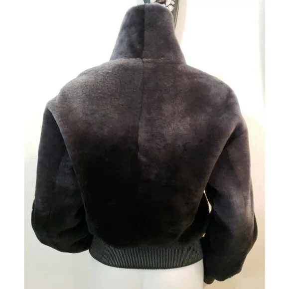 Escada Mouton Jacket Womens S FR 36 Lambskin Bomber Coat Gray Ombre Sheepskin